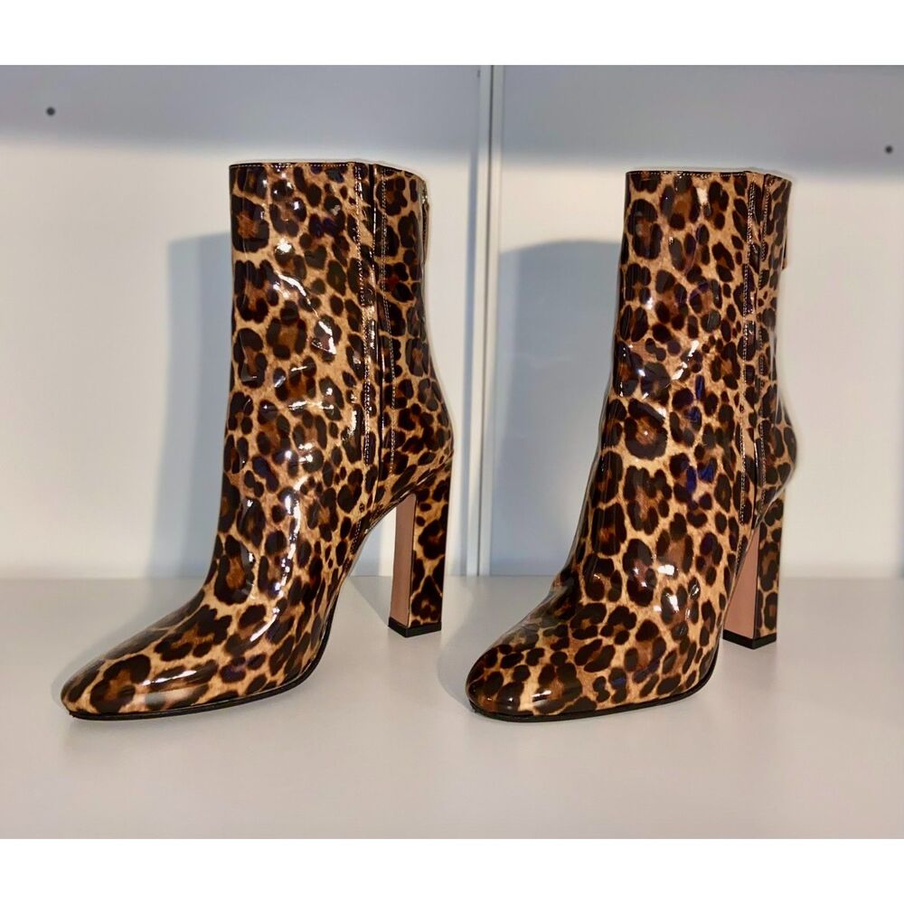 NWOT Aquazzura mid-calf patent leather leopard print boots